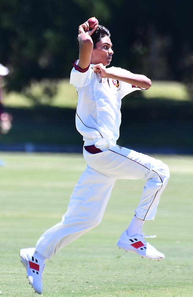 St Peters Lutheran College bowler Ashish Neredumilli. Picture, John Gass