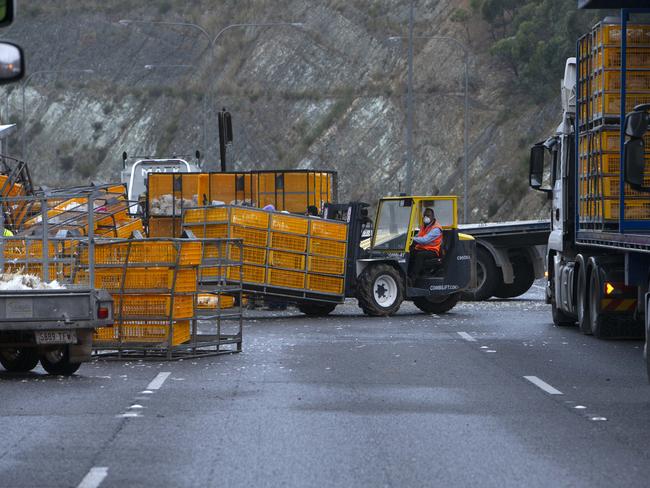 The site is cleared after the truck rolled over. Picture: AAP / Emma Brasier