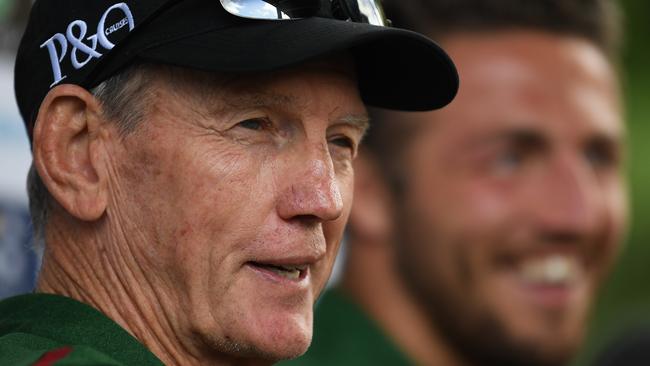 The Rabbitohs aren’t sure what to make of Bennett’s jokes. Image: AAP Image/Dean Lewins