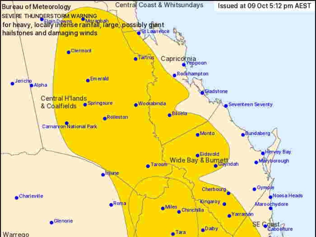 Thunderstorm, giant hail, flooding warning for Central Queensland