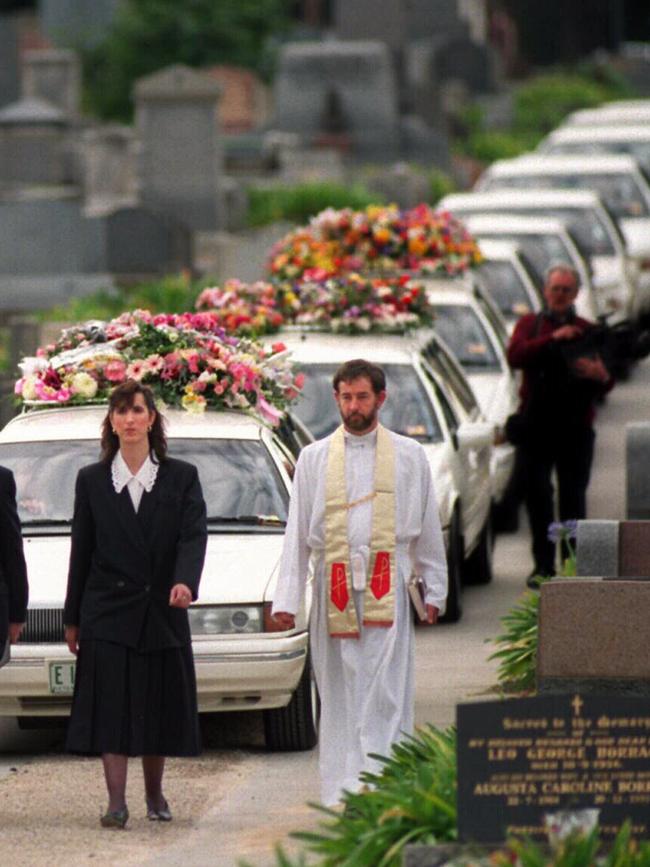 A funeral procession entering Melbourne cemetery for the Mikac family.