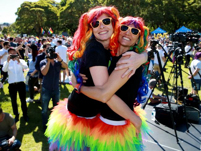 Marriage Equality supporters Sharlini Scholtz (L) and Devon Indig at Prince Alfred Park in Surry Hills ahead of the plebiscite announcement. Picture: Toby Zerna