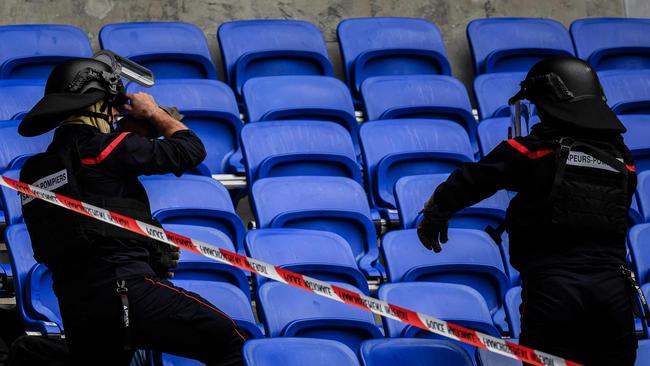 Police officers, military personnel, rescue workers and firefighters take part in an exercise simulating a terrorist attackahead of the Games. Picture: AFP