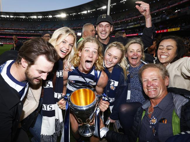 Sam De Koning celebrates with family and friends after the game. Picture: Daniel Pockett