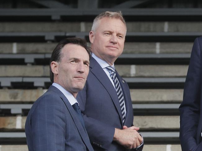 Premier Jeremy Rockliff, Andrew Dillon future CEO AFL, Gillon McLachlan CEO AFL, Richard Marles Acting Prime Minister, Alastair Lynch Tasmanian former AFL player.  AFL team for Tasmania announcement at North Hobart Oval.  Picture: Nikki Davis-Jones
