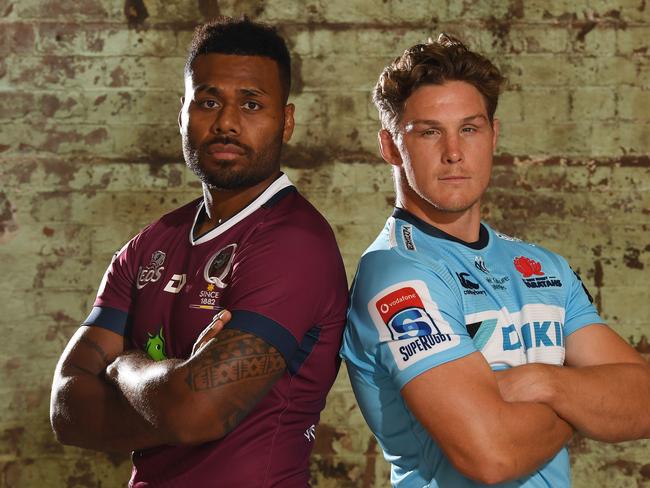 Australian men's Super Rugby players for the Queensland Reds, Samu Kerevi and NSW Waratahs Michael Hooper pose for photographs during the launch of the 2019 Super Rugby season in Sydney, Tuesday, February 5, 2019. (AAP Image/Dean Lewins) NO ARCHIVING