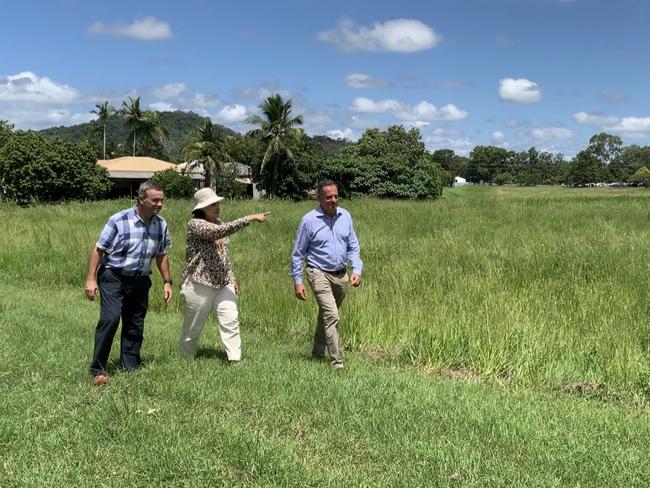 (From left to right) Mackay Hospital and Health Service chair Darryl Camilleri, Mackay MP Julieanne Gilbert and Woollam Constructions managing director Craig Percival walk by the plot of land where the new Sarina hospital will be built. Picture: Duncan Evans