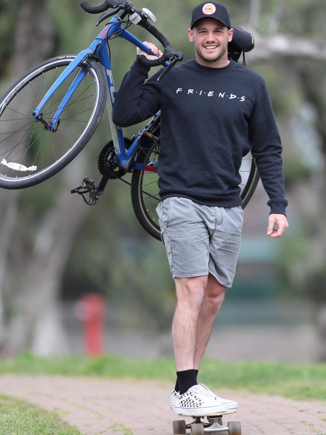 Zane Kirkwood, with his bike and skateboard, says exercise is a key and important part of his recovery. Picture: Tait Schmaal.