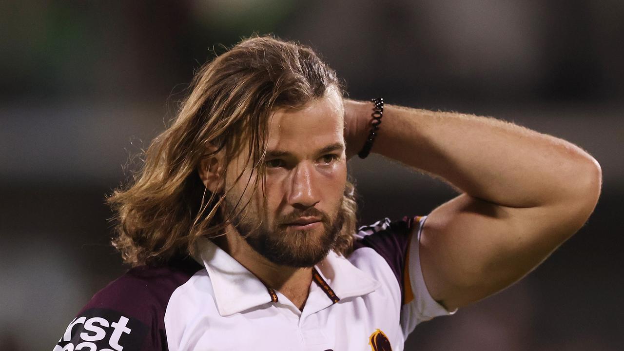 Patrick Carrigan of the Broncos looks dejected after defeat during the round two NRL match between Canberra Raiders and Brisbane Broncos at GIO Stadium, on March 15, 2025, in Canberra, Australia. (Photo by Mark Metcalfe/Getty Images)