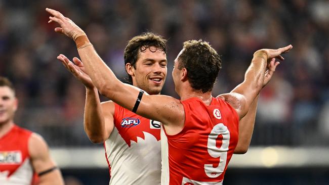 PERTH, AUSTRALIA - MAY 10: Oliver Florent of the Swans celebrates a goal during the 2024 AFL Round 09 match between the Fremantle Dockers and the Sydney Swans at Optus Stadium on May 10, 2024 in Perth, Australia. (Photo by Daniel Carson/AFL Photos via Getty Images)