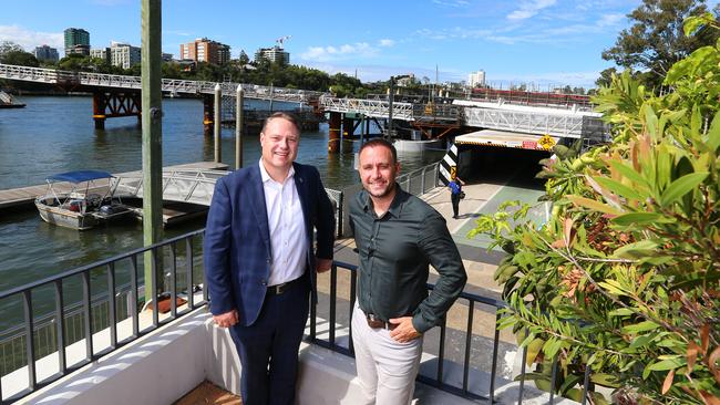 Brisbane Lord Mayor Adrian Schrinner with Michael Tassis, who has won the rights to operate a new restaurant on the Kangaroo Point Green Bridge. Picture: David Clark