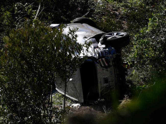 The vehicle lies on its side in Rancho Palos Verdes, California. Picture: AFP