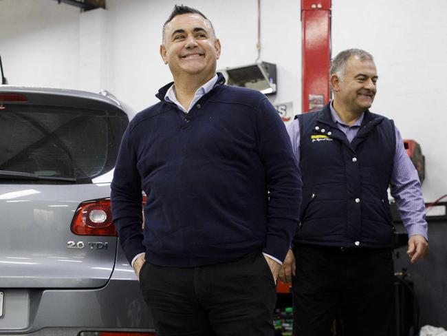 Eden-Monaro Nationals Candidate Trevor Hicks (c) and John Barilaro (l) campaigning in Queanbeyan, New South Wales. Picture by Sean Davey.