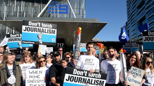 Nine Newspapers employees and freelancers join together outside the company office to strike for fairer pay. Picture: Andrew Henshaw