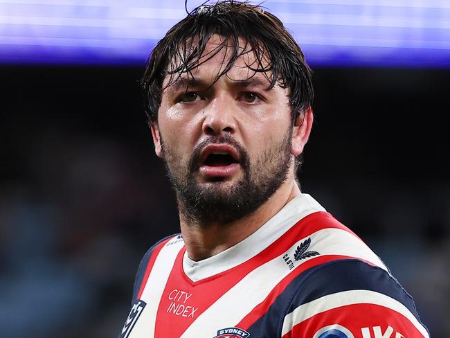 SYDNEY, AUSTRALIA - JUNE 02: Brandon Smith of the Roosters reacts during the round 13 NRL match between Sydney Roosters and North Queensland Cowboys at Allianz Stadium, on June 02, 2024, in Sydney, Australia. (Photo by Jeremy Ng/Getty Images)