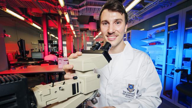 Australian gymnast Michael Merceria in the lab at the University of Queensland. Picture: Lachie Millard