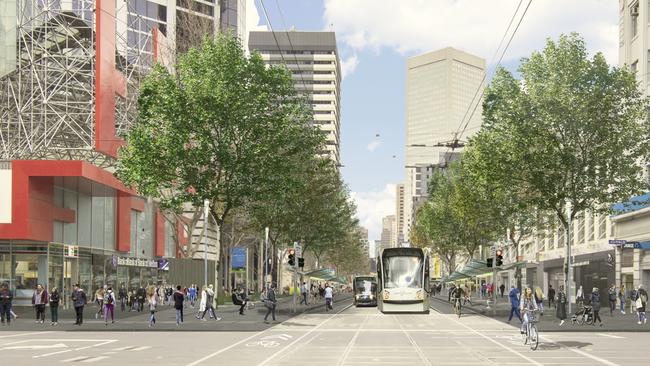 Elizabeth St will be reconfigured to prioritise access for pedestrians, cyclists and trams from Flinders St up to La Trobe St.