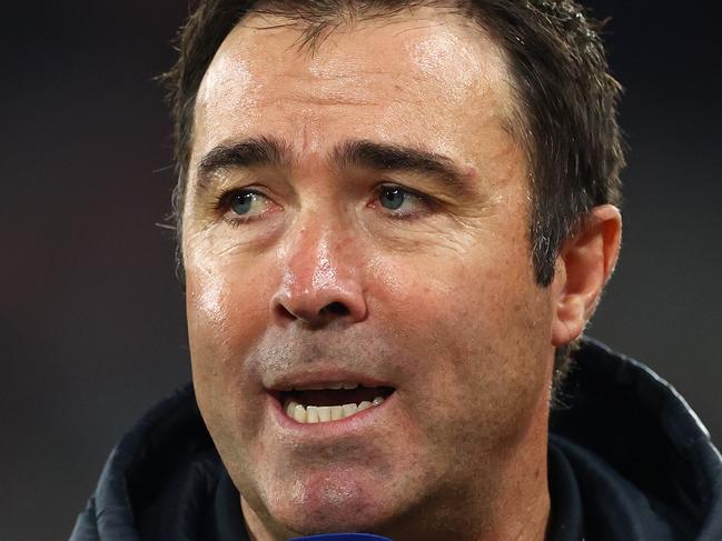 MELBOURNE, AUSTRALIA - JUNE 23: Brad Scott, Senior Coach of the Bombers talks to the media during the round 15 AFL match between Essendon Bombers and West Coast Eagles at Marvel Stadium, on June 23, 2024, in Melbourne, Australia. (Photo by Quinn Rooney/Getty Images)