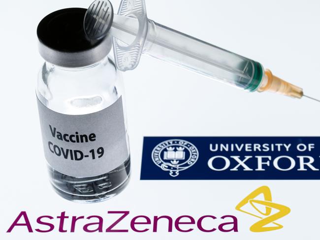 A syringe and bottle reading "COVID-19 vaccine" next to AstraZeneca and University of Oxford logos. Picture: AFP