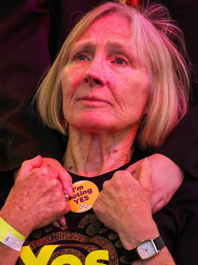 A woman reacts to the vote tally, during a live telecast by Australia's Prime Minister Anthony Albanese at the Inner West for 'Yes2023' official referendum function at Wests Ashfield Leagues Club on October 14, 2023 in Sydney, Australia.