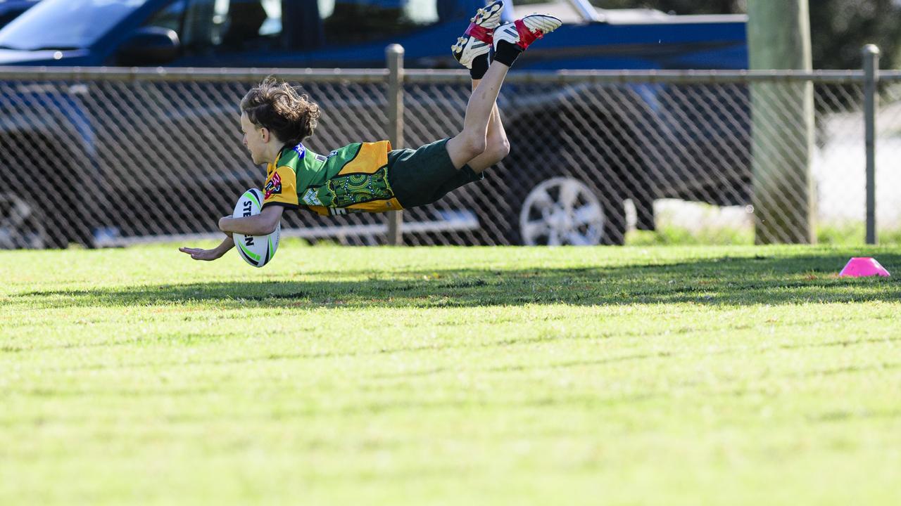Zander Stewart breaks away to try for Gatton State School in the inaugural Primary Interschools Reconciliation Touch Carnival hosted by Glenvale State School, Wednesday, May 28, 2025. Picture: Kevin Farmer