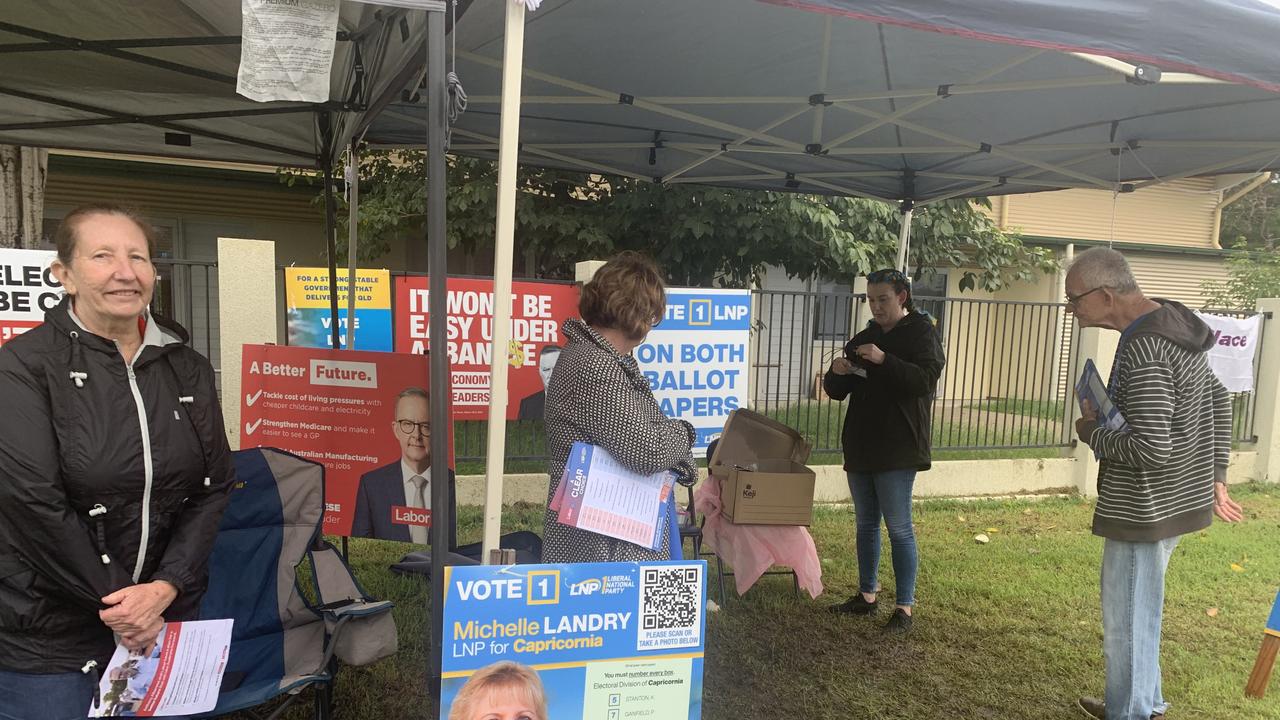 Voters and volunteers at the Crescent Lagoon State School polling booth in West Rockhampton.