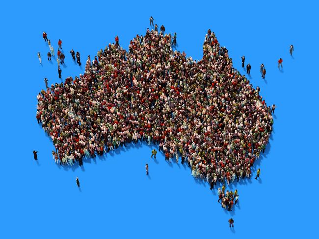 AUSTRALIA POPULATION STOCK -  Human crowd forming a big Australian map on blue background. Horizontal  composition with copy space. Clipping path is included. Population and Social Media concept. Picture: Istock