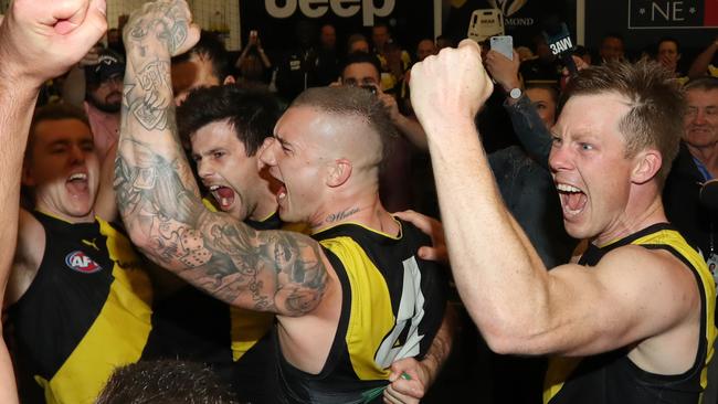 Dustin Martin, Jack Riewdolt, Trent Cotchin and Jacob Townsend celebrate the win. Picture: Alex Coppel