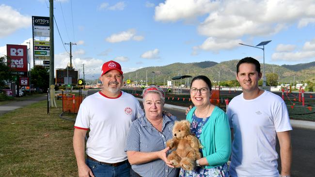 Rob Aumend from Getta Betta, Otto's Market store manager Tracey McLauchlan, Angelene Bourne from Angelfish Dragonfly and Harry Crawford from Spirited Goat from the Precinct at road works on nearby Bowen Road. Picture: Evan Morgan