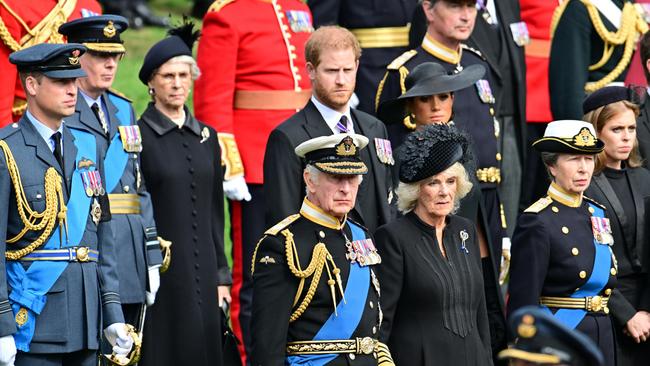 The royal family observe the coffin of Queen Elizabeth II as it is transferred from the gun carriage to the hearse at Wellington Arch following her State Funeral. Picture; Getty Images.