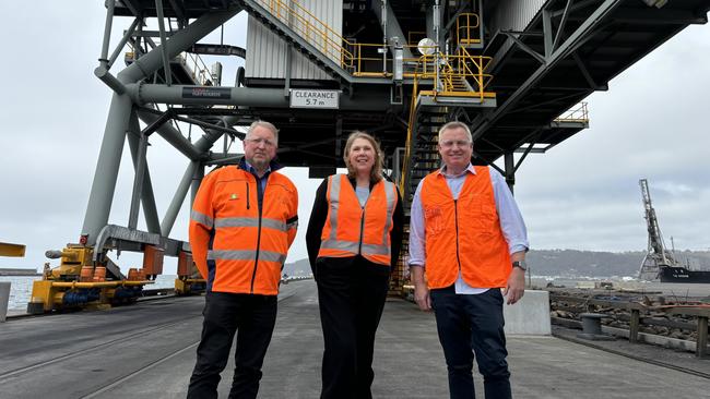 TasRail CEO Steven Dietrich, Federal Infrastructure, Transport, Regional Development and Local Government Minister Catherine King, and Premier Jeremy Rockliff. Picture: Simon McGuire