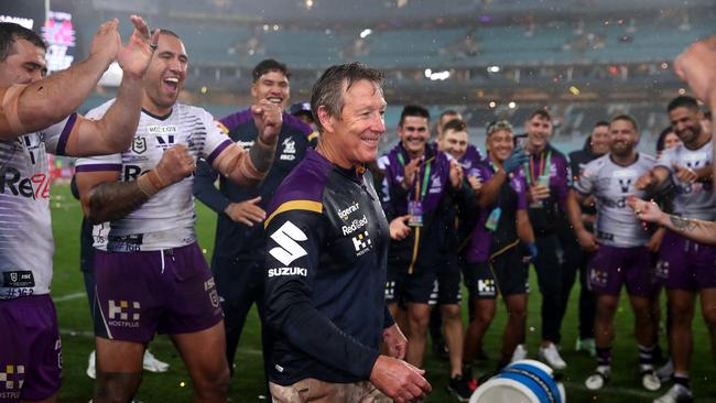 Bellamy is showered in Gatorade after winning the 2020 premiership. (Photo by Cameron Spencer/Getty Images)