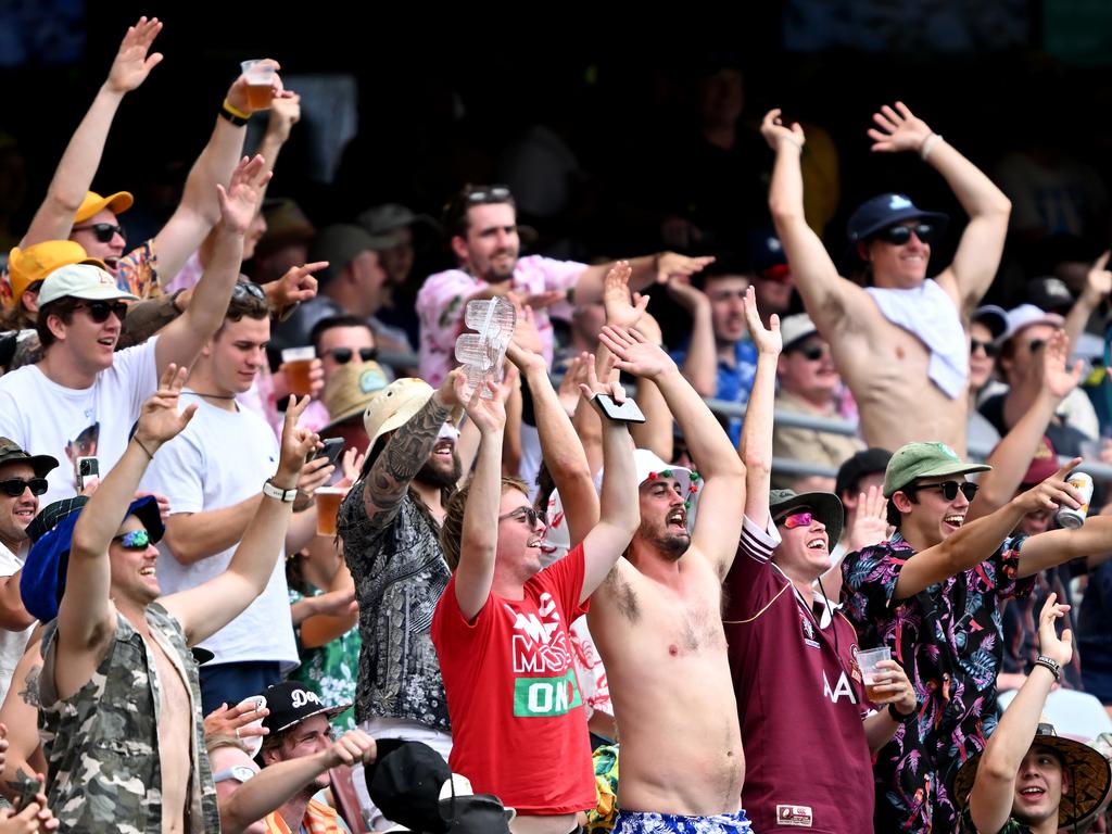 Spectators in the crowd enjoy the atmosphere during day one of the First Test match between Australia and South Africa at The Gabba on December 17, 2022. Picture: Getty