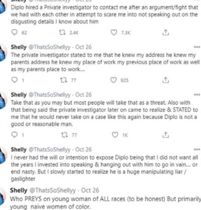 Shelly alleged last year that Diplo 'preyed' on her and that he 'hired a private investigator' to 'scare' her. Picture: Twitter