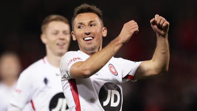 Radoslaw Majewski of the Wanderers celebrates scoring against Sydney United on Wednesday night. Picture: Getty Images