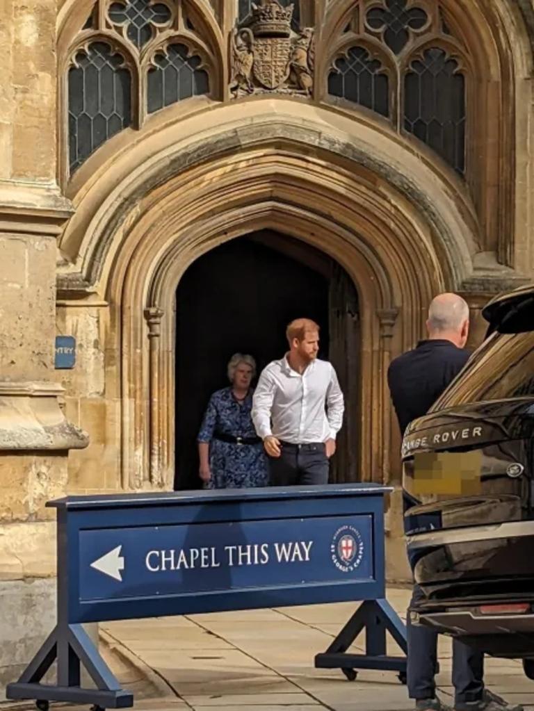 Prince Harry was spotted leaving St George's Chapel today, the Queen's final resting place. Picture: amygiles0188/Twitter