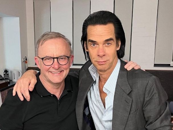 The much-loved musician with Prime Minister Anthony Albanese at a gig in Canberra.