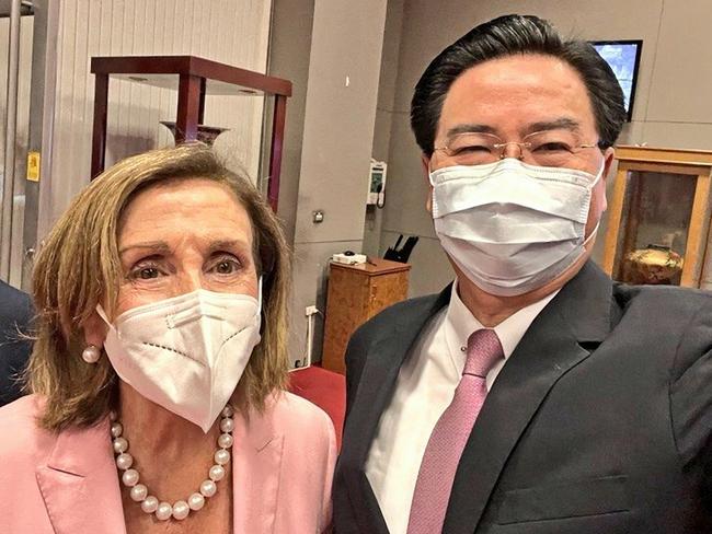 Taiwan's Foreign Minister Joseph Wu welcomes Nancy Pelosi upon her arrival at Sungshan Airport in Taipei. Picture: Twitter/MOFA_Taiwan