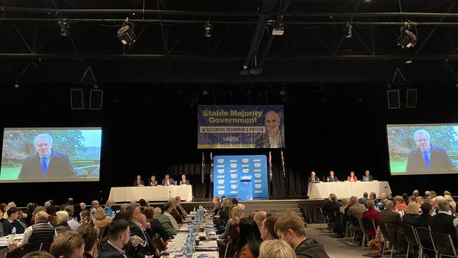 Prime Minister Scott Morrison addressing the Liberal Party conference in Launceston.