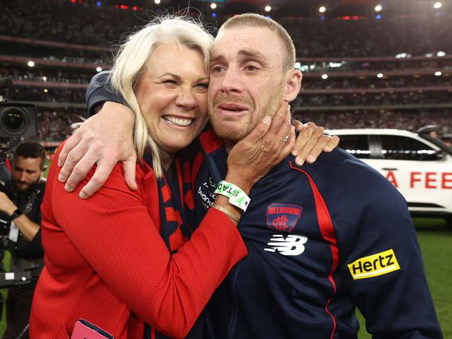 Roffey with Dees coach Simon Goodwin after the 2021 grand final win. Photo by Michael Klein