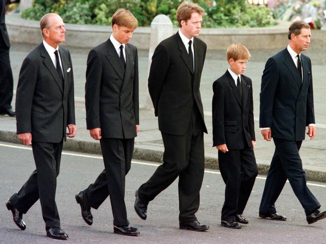 Prince Philip, Prince William, Earl Spencer, Prince Harry and Prince Charles during the funeral service for Diana, Princess of Wales. Picture: AFP