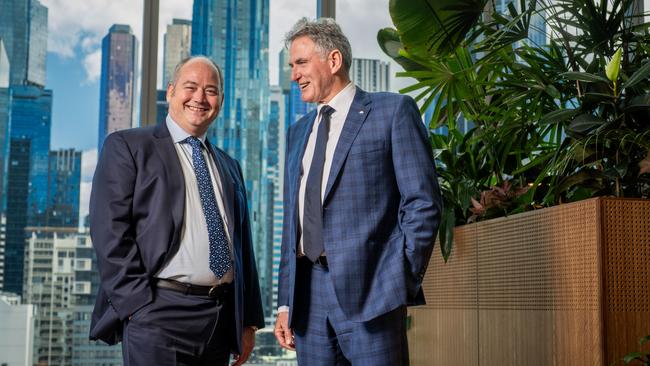 Andrew Irvine, left, with the man he will replace as NAB chief, Ross McEwan, in Melbourne on Wednesday. Picture: Eamon Gallagher