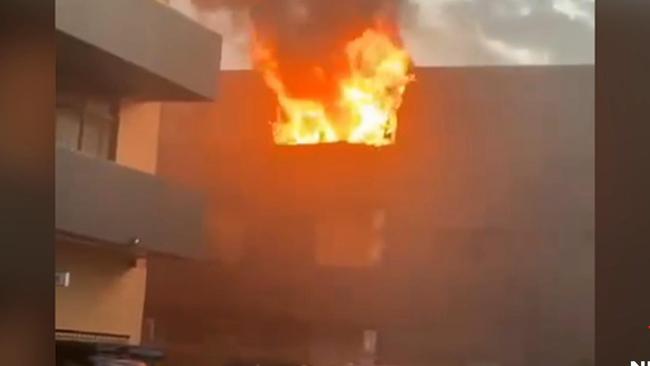 The fire at the Comfort Adelaide Meridien Hotel on Melbourne St around 6.30am on Sunday. Picture: 7 News