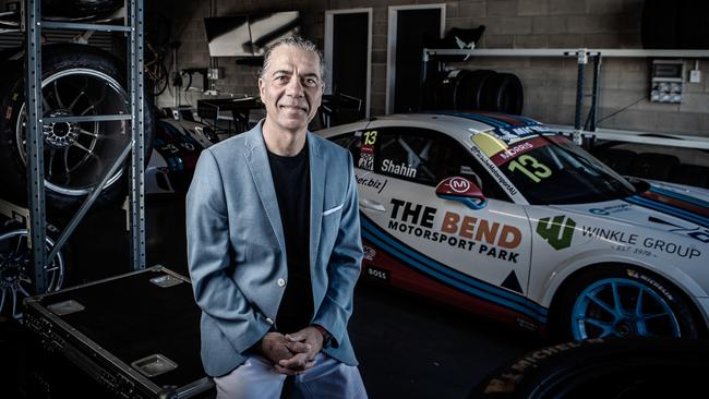 Dr Sam Shahin in his garage at The Bend motorsport park. Picture: Matt Turner.