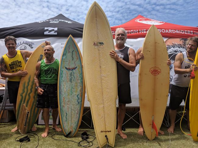 Brad Gerlach, Tom Carroll, Surf World surf museum patron Peter Harris and Mark Occhilupo in the Legends final of the 2019 Burleigh Boardriders Single Fin. Picture: Angela Collins