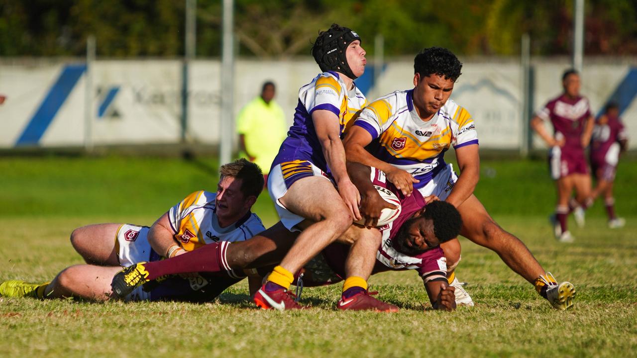 Edmonton duo Lachlan Rayson and Tyrell Anton tackle Yarrabah's Samukie Gaidan. CDRL: Edmonton Storm v Yarrabah Seahawks at Petersen Park, Edmonton. Picture: Nuno Avendano