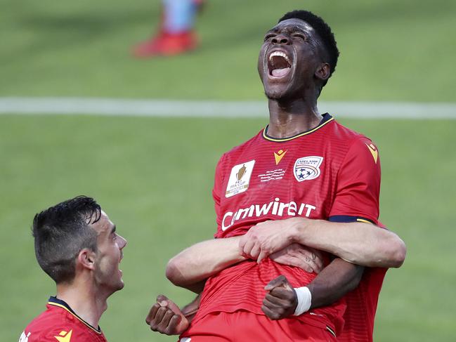 SOCCER - FFA CUP FINAL - Adelaide United v Melbourne City at Coopers Stadium. Al Hassan Toure celebrates his goal in the first half Picture SARAH REED