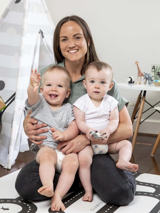 Twins Sylvie and Roy, who turn one-year-old in February, wear Tooshies by TOM nappies. Picture: Tim Carrafa