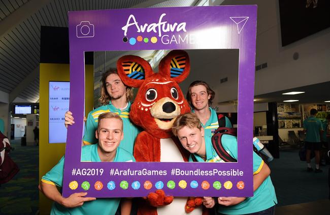 Milula the Wallaby and Arafura Games mascot welcomed Volleyroos players Reilly Keogh, Reuben Gale, Ari Klein and Chaz Pucko to Darwin for the Arafura Games. Picture: KERI MEGELUS