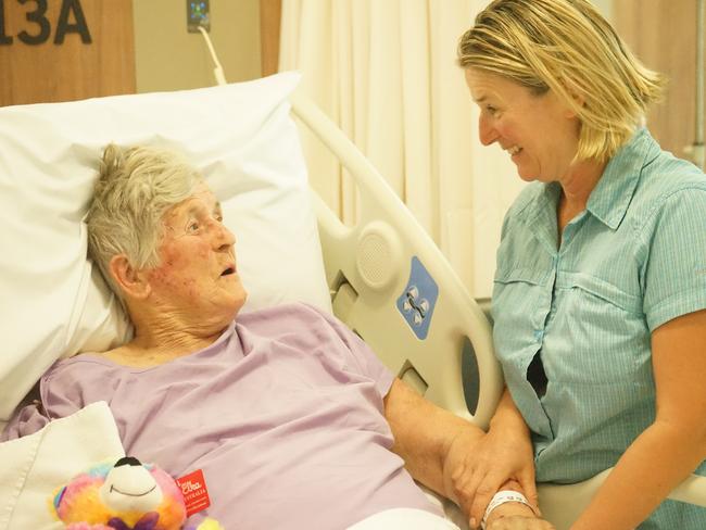 Barbara Marincic, 83, with her daughter Barbara Farren-Price at Mackay Base Hospital. Picture: Rainee Shepperson